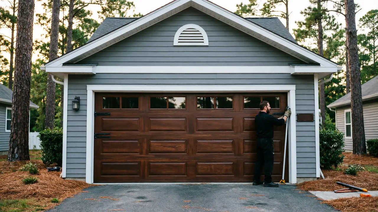 A technician works on a brown garage door with windows on a gray house.