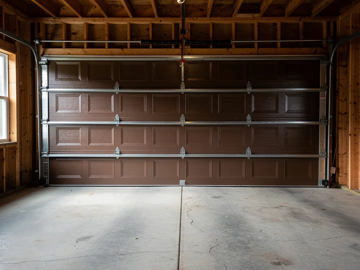 A brown garage door is closed inside a garage with a concrete floor.